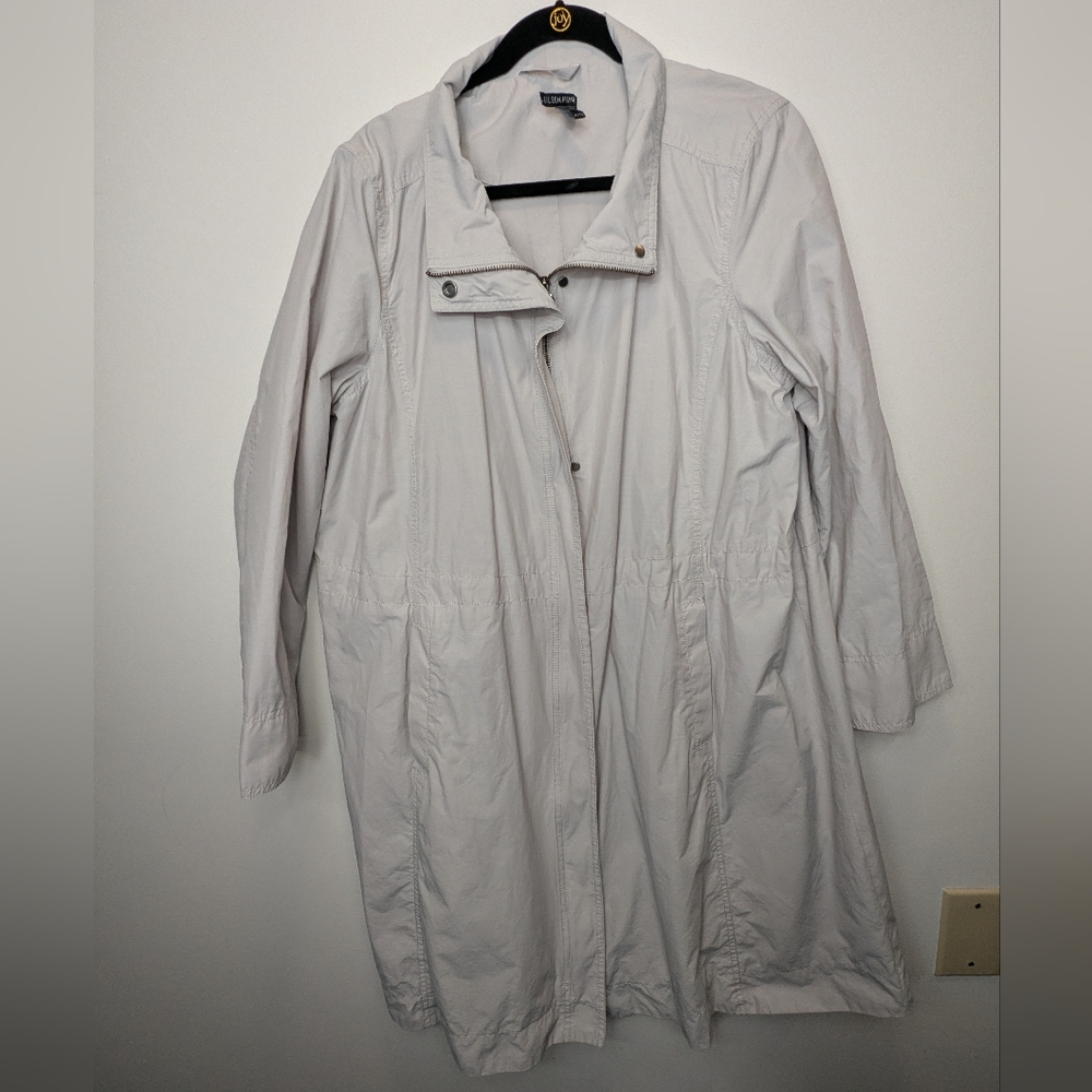 Eileen Fisher XL Light Gray Cream Trench Coat Wide Collar Minimalist Spring
